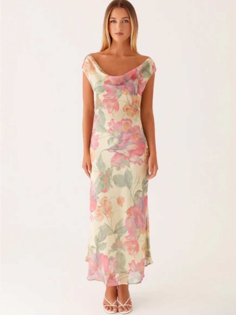 Peppermayo Maxi Dress Women’s  8 M Elegant Back Tie Cowl Neck Floral Print NWT